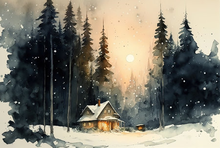 Watercolor winter landscape painting. Forest on a starry nightの素材