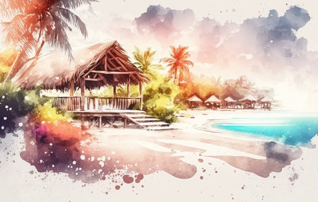 Watercolor tropical sea landscape painting. Thailand beach illustration. AI generatedの素材