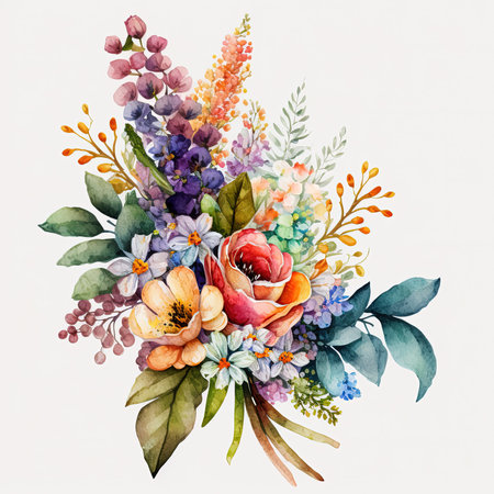 Watercolor colorful flowers bouquet isolated on white background. Botanical illustration. Greeting card, invitation template.の素材