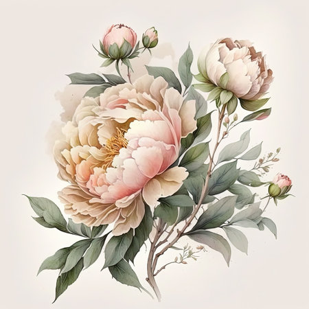 Watercolor peonies illustration. Wedding invitation. Botanical art print.の素材