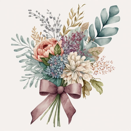 Watercolor colorful flowers bouquet with bow isolated on white background. Botanical illustration.の素材