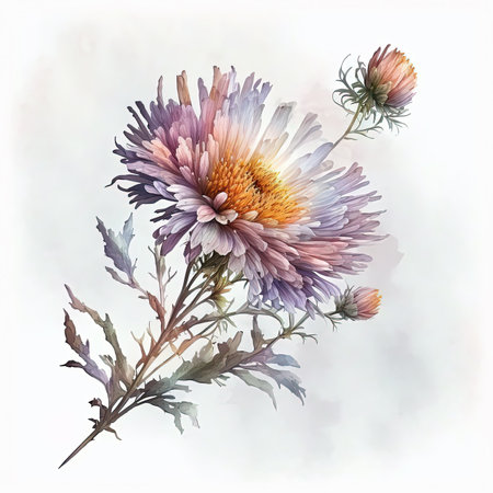 Watercolor aster illustration on white background. Flower art.の素材