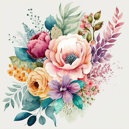 Watercolor colorful flowers bouquet isolated on white background. Wedding invitation. Botanical art print.の素材