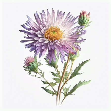 Watercolor aster illustration on white background. Flower art.の素材