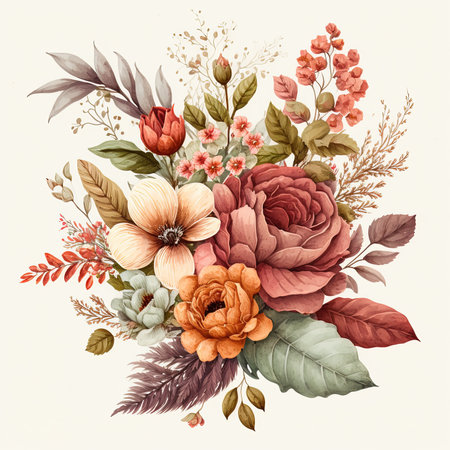 Watercolor colorful flowers bouquet isolated on white background. Botanical illustration. Greeting card, invitation template.の素材