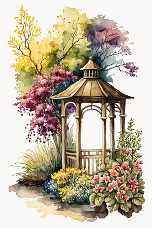 Watercolor romantic garden shelter and flowers illustration on white background. AI generatedの素材