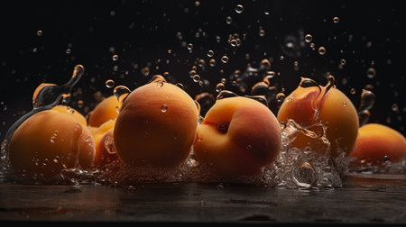 Close-up of apricots with water drops on dark background. Fruit wallpaperの素材