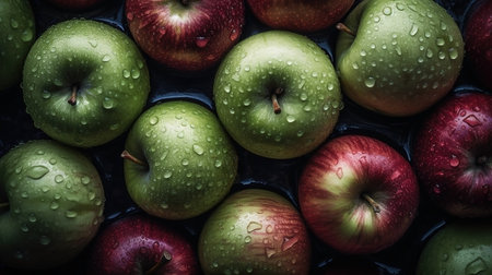 Close-up of red and green apples with water drops on dark background. Fruit wallpaperの素材