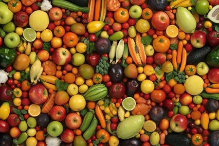 Fresh ripe vegetables as background. Top view of natural vegetables, full screen imageの素材