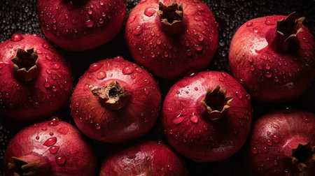 Close-up of pomegranates with water drops on dark background. Fruit wallpaperの素材