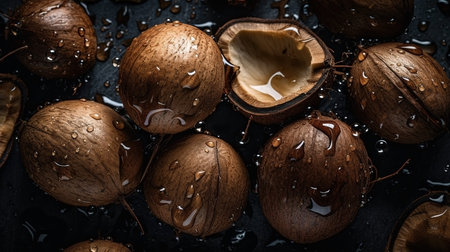 Close-up of coconut with water drops on dark background. Fruit wallpaperの素材