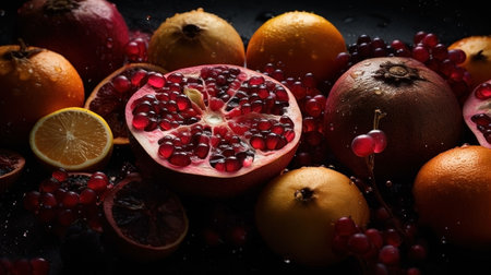 Close-up of fresh fruits with water drops on dark background. Healthy food conceptの素材