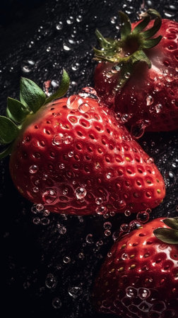 Close-up of strawberry with water drops on dark background. Fruit wallpaperの素材