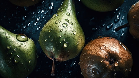 Close-up of pears with water drops on dark background. Fruit wallpaperの素材