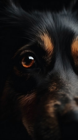 Closeup dog eye, portrait of animal on dark background. AI generatedの素材