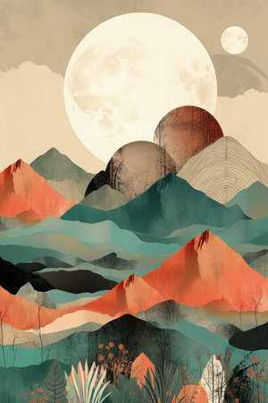Boho mountains, moon landscape illustration. AI generatedの素材