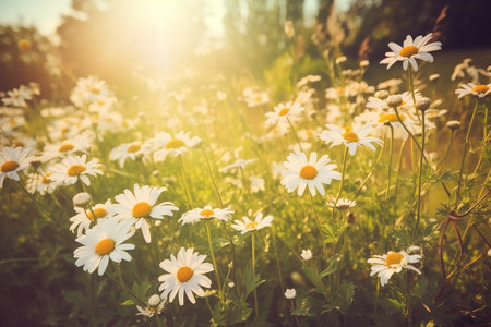 Flower meadow with daisies in sunlight close-up summer background. AI generatedの素材