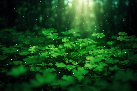 Dark moody green leaves summer background. AI generatedの素材