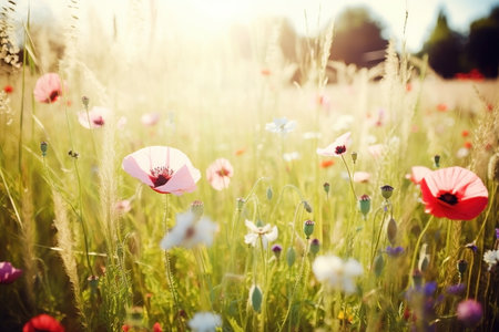 Wildflowers in sunlight close-up summer background. AI generatedの素材