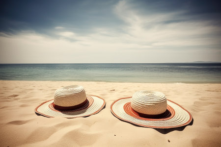 Straw hats on the beach close-up, summer vacation background. AI generatedの素材