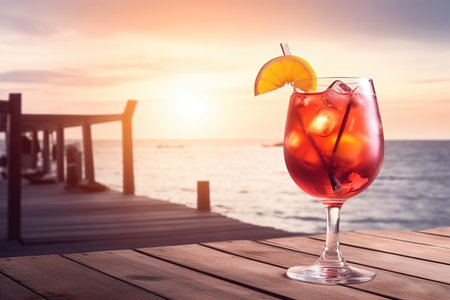 Desk of free space with lemonade cocktail on the beach summer background. AI generatedの素材