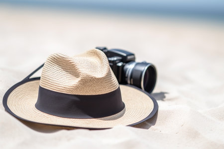 Straw hat and camera close-up, summer vacation background. AI generatedの素材