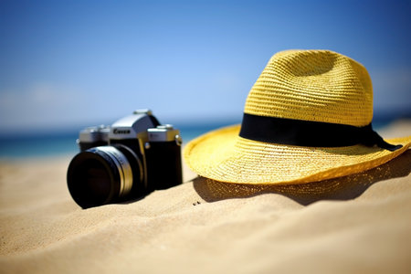 Straw hat and camera close-up, summer vacation background. AI generatedの素材