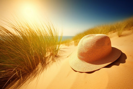 Straw hat on the beach close-up, summer background. AI generatedの素材