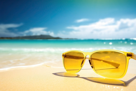 Sunglasses and beach landscape, summer vacation background. AI generatedの素材