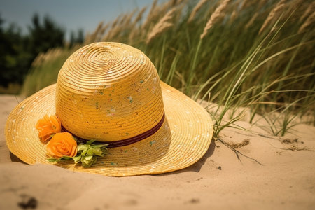 Straw hat on the beach close-up, summer background. AI generatedの素材