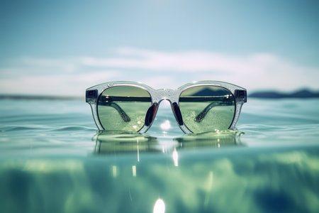 Sunglasses and beach landscape, summer vacation background. AI generatedの素材