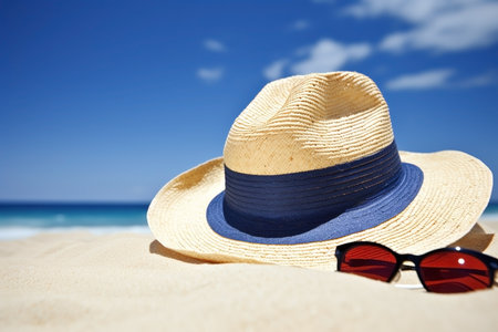 Straw hat with sunglasses on the beach close-up, summer background. AI generatedの素材