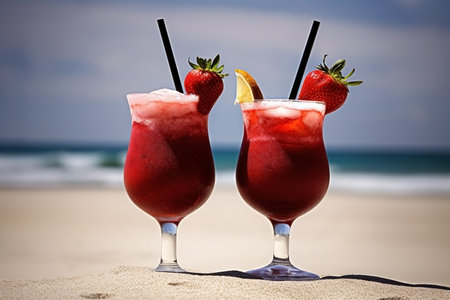 Fresh juice cocktail on the beach. Vacation background. AI generatedの素材