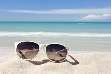 Sunglasses and beach landscape, summer vacation background. AI generatedの素材