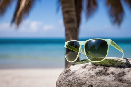 Sunglasses and beach landscape, summer vacation background. AI generatedの素材