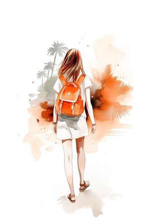 Watercolor woman on vacation fashion illustration on white background. AI generatedの素材