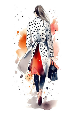 Watercolor woman fashion illustration on white background. Casual style. AI generatedの素材