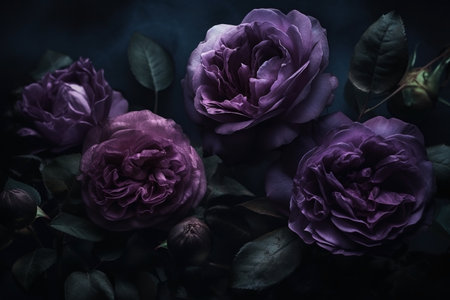Purple roses close-up dark romantic background. flowers wallpaper. AI generatedの素材