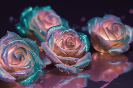 Pearl hologhaphic roses dark moody romantic background. Close up floral banner. AI generatedの素材