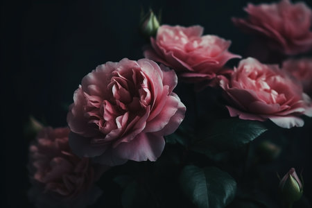 Pastel pink roses close-up dark romantic background. AI generatedの素材
