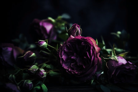 Purple roses dark moody romantic background. Close-up flowers card backdrop. AI generatedの素材