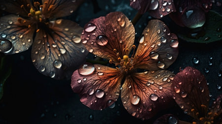 Beautiful flowers with drops of water dark moody romantic background. AI generatedの素材