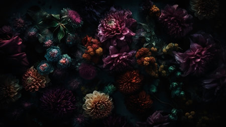 Flowers with drops of water dark moody romantic background. Close-up floral backdrop. AI generatedの素材
