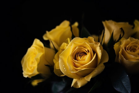 Yellow roses dark moody romantic background. Close-up flowers card backdrop. AI generatedの素材