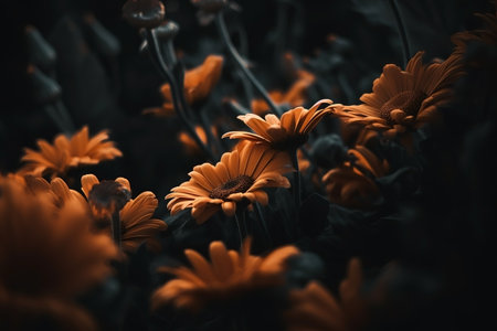 Flowers dark moody romantic background. Close-up floral card backdrop. AI generatedの素材