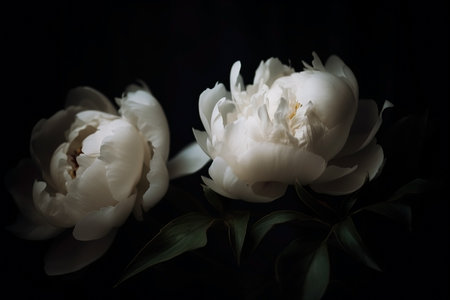 White peony dark moody romantic background. Close up floral banner. AI generatedの素材