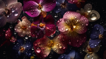 Flowers with drops of water close-up dark romantic background. AI generatedの素材