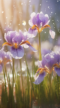 Close-up iris flowers with water droplets background. AI generatedの素材