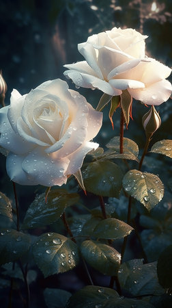 Blooming white roses with drops of water close-up background. spring wallpaper. AI generatedの素材