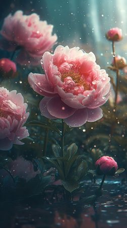 Blooming peonies with drops of water close-up background. floral wallpaper. AI generatedの素材